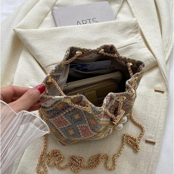 Mini Plaid Drawstring Tote Bag Women Casual Polyester with Metal Strap - Picture 2 of 7